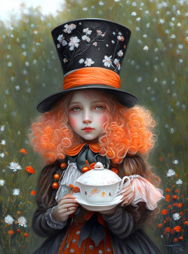 Vibrant red-haired girl with teapot and top hat in floral setting