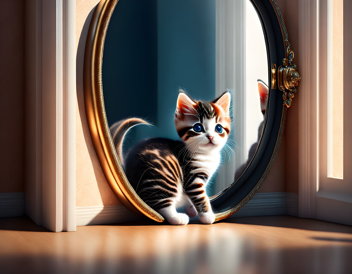 Strikingly marked kitten by ornate mirror on sunny day