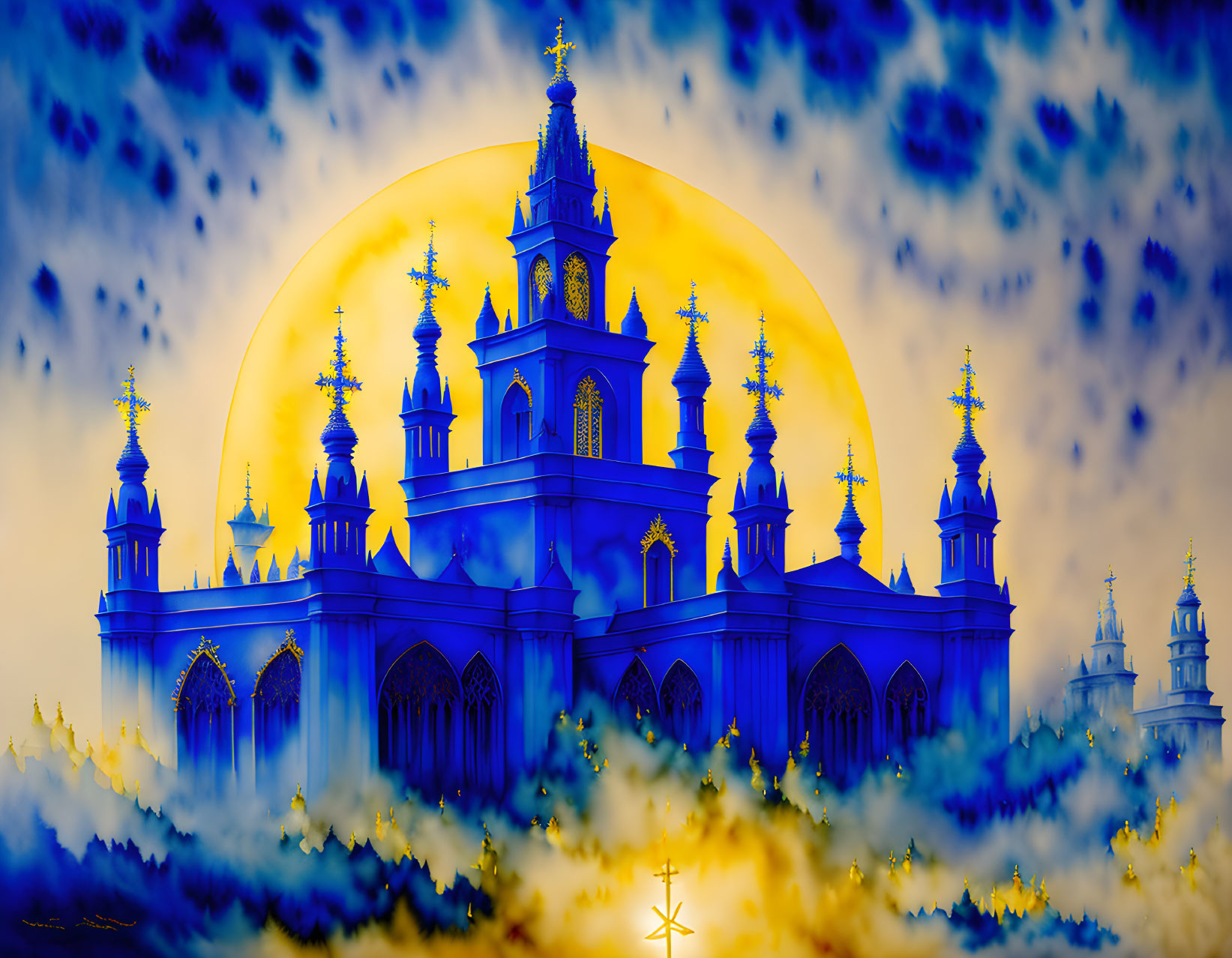 Blue cathedral with golden domes under a yellow sun and dramatic sky