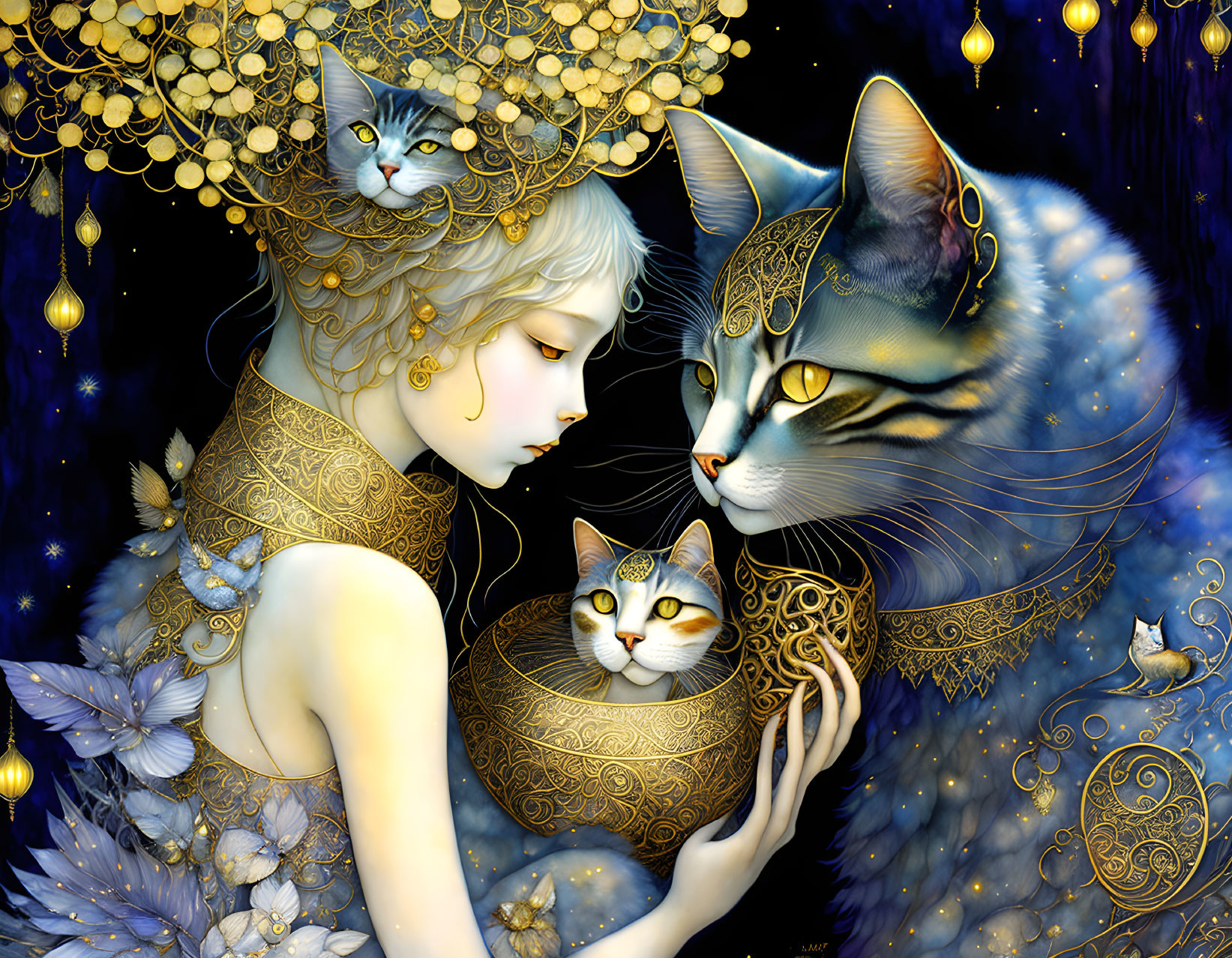 Woman adorned with gold, cats with matching patterns in starlit scene