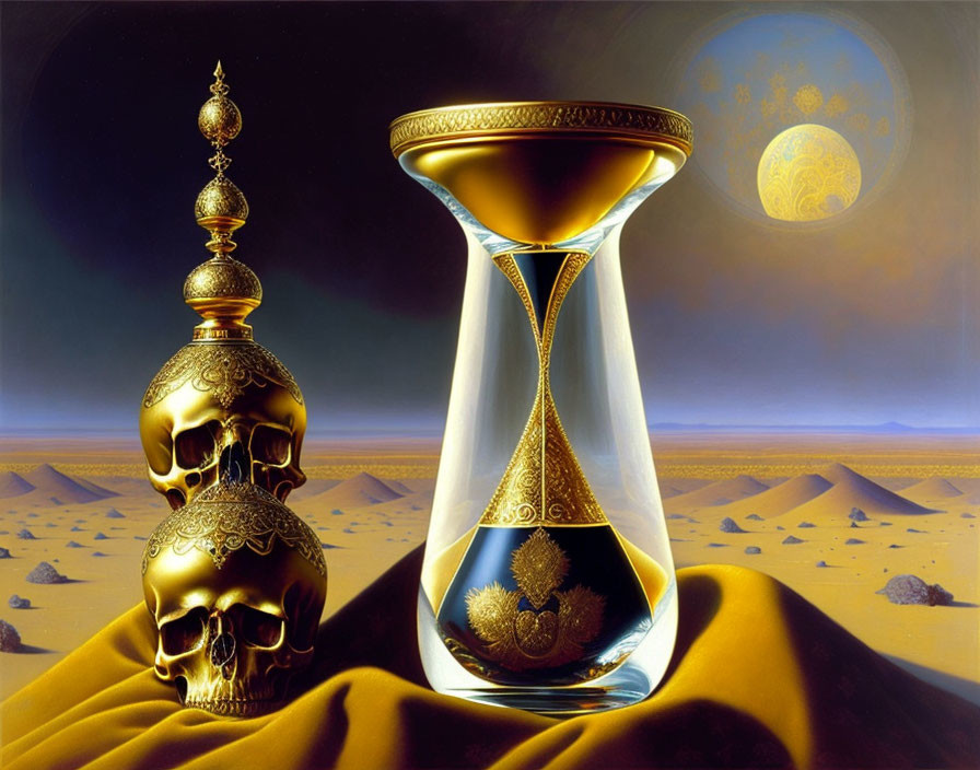 Golden Skulls Hourglass on Draped Cloth in Moonlit Desert