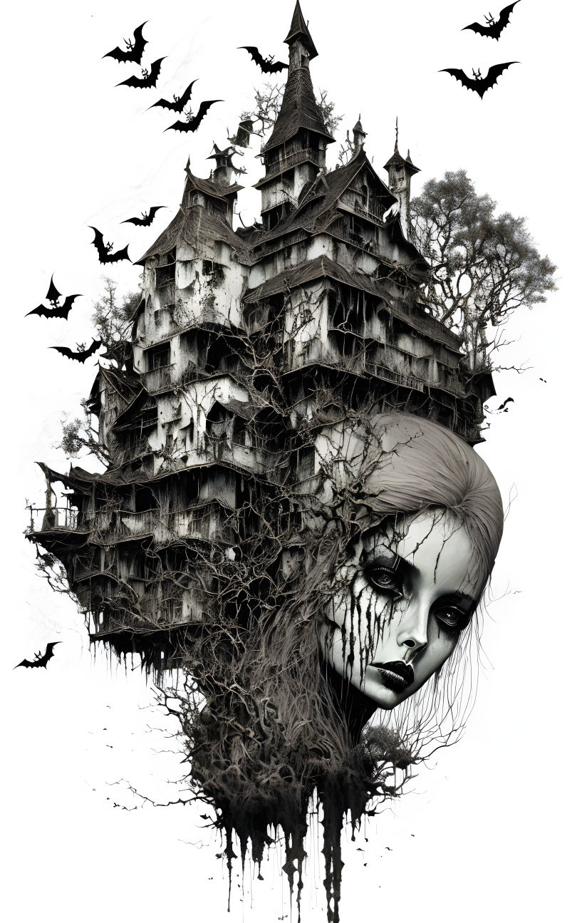 Monochromatic artwork: Woman's face merges with gothic mansion, bats flying around