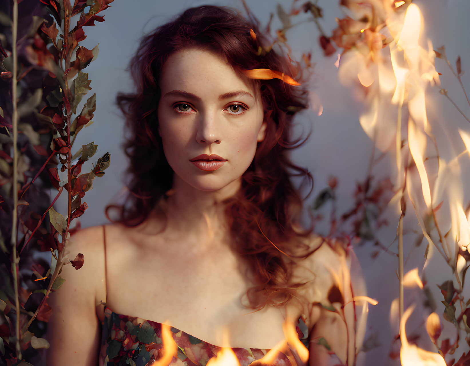 Red-haired woman in foliage and flames, serene gaze.