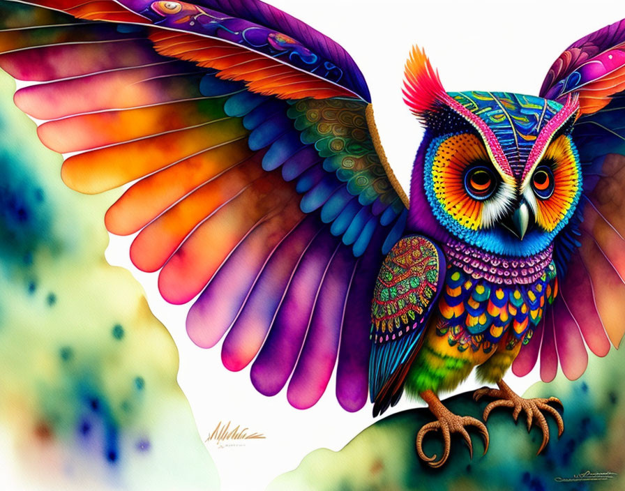 Colorful Owl Illustration with Multicolored Wings on Soft Background