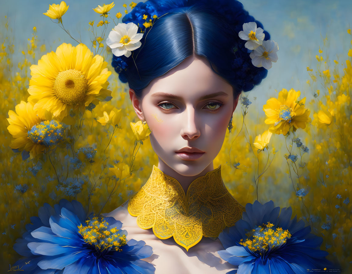 Digital portrait of woman with blue hair and floral hair accessories against yellow flower background with intricate lace collar.