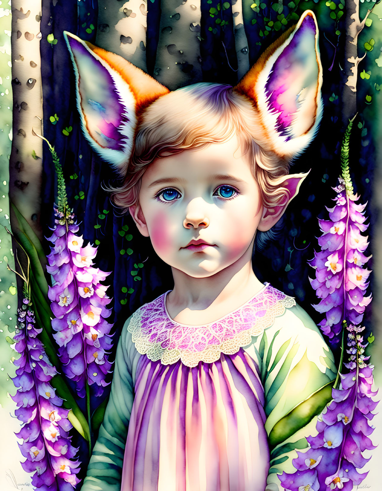 Child with blue eyes and fox-like ears in pastel dress surrounded by purple flowers and trees