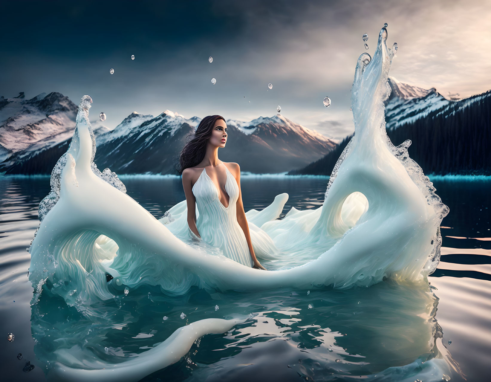 Woman in white dress emerges from serene lake with splash effects against mountain backdrop