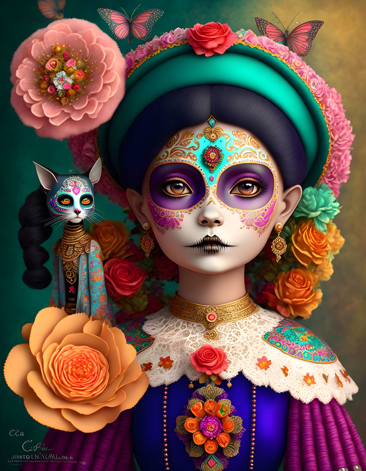 Girl with Day of the Dead Makeup and Floral Headpiece Next to Cat with Matching Decorations