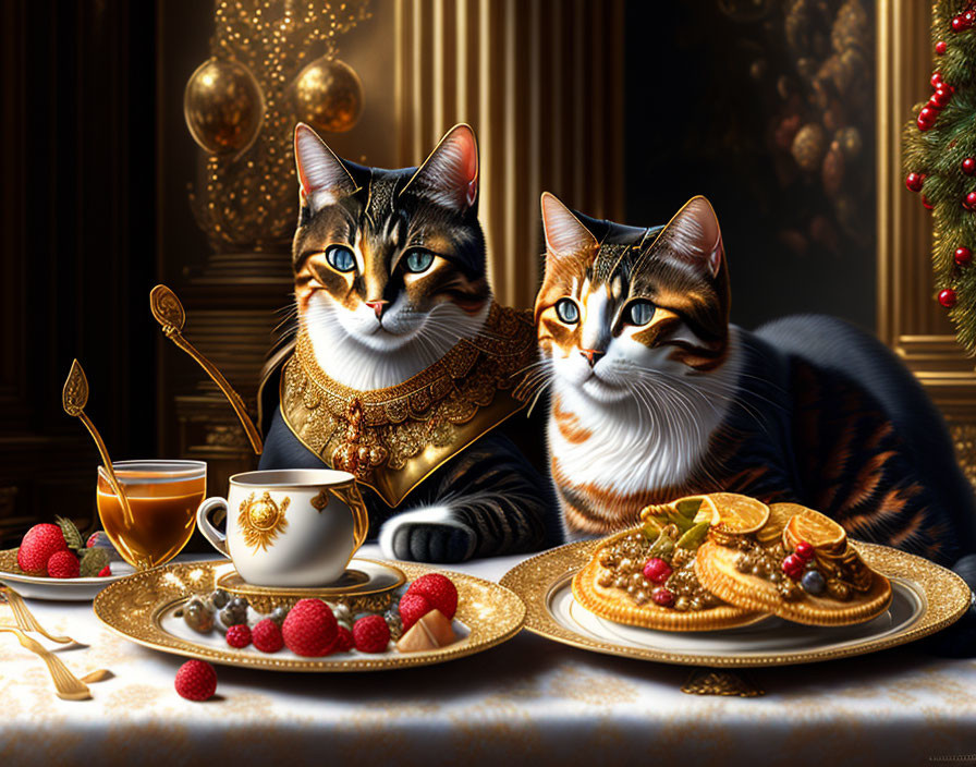 Two cats at a table with pancakes, berries, and tea in a festive room