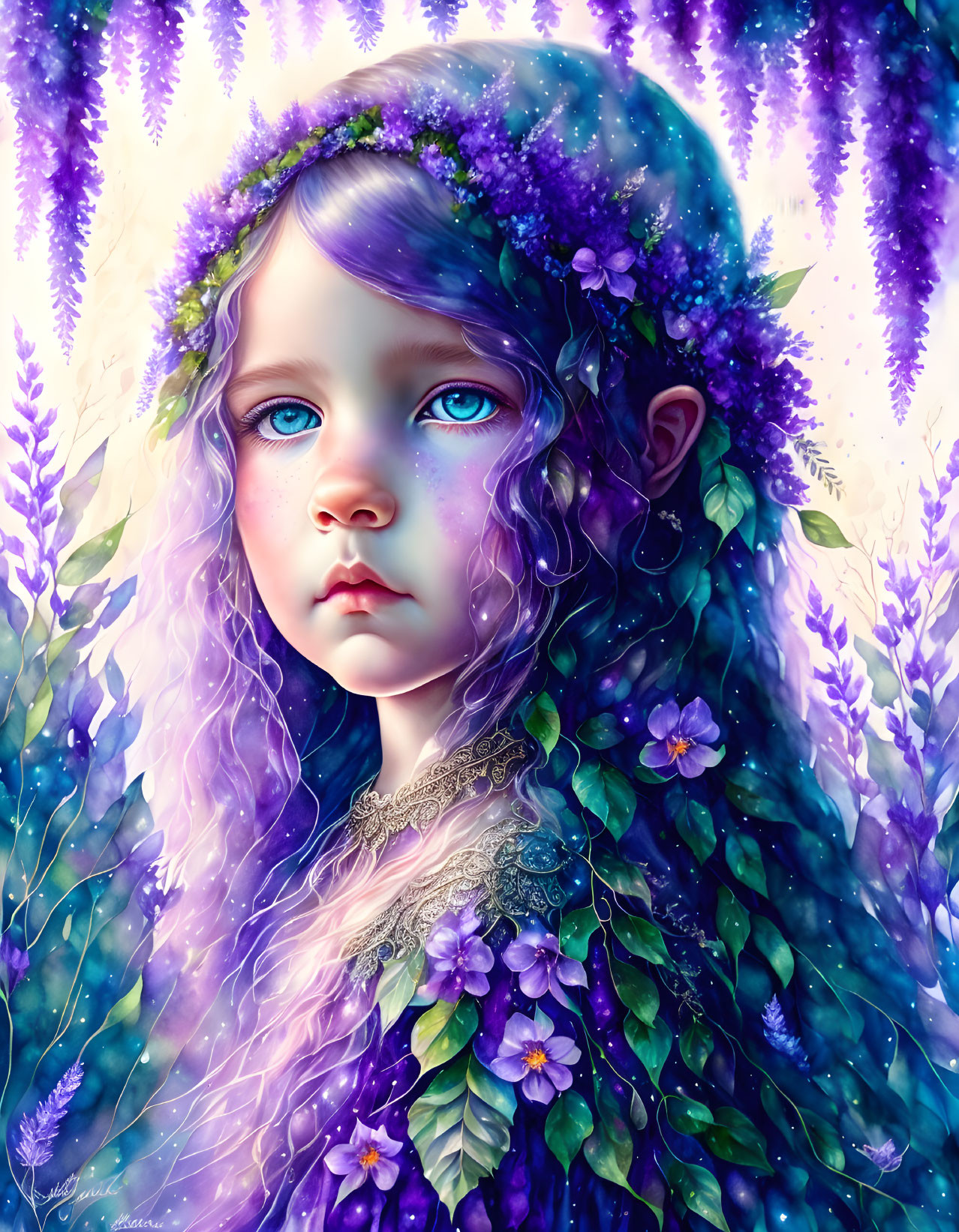 Fantasy illustration of young girl with blue eyes in a magical garden