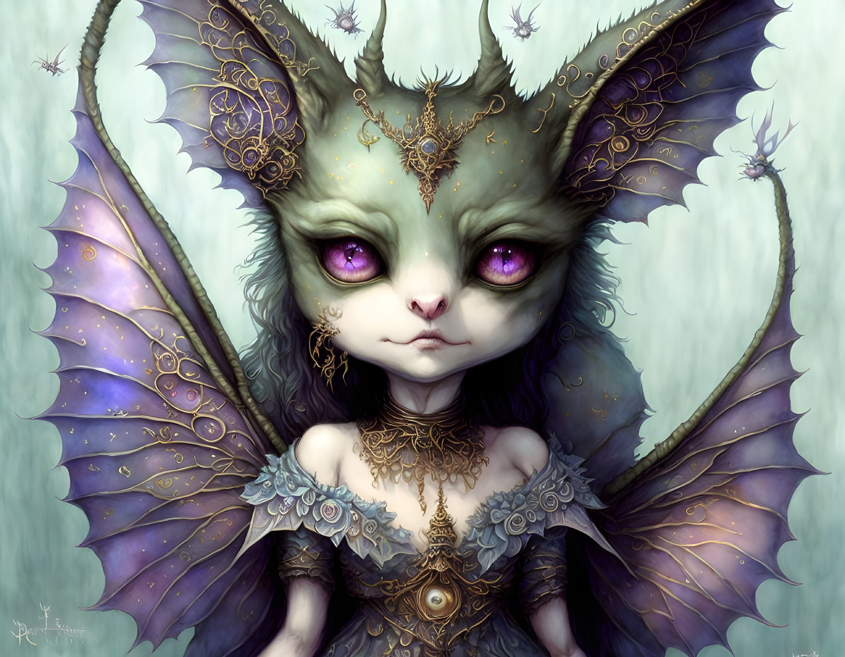 Whimsical creature with large ears and purple wings adorned with gold and purple jewelry