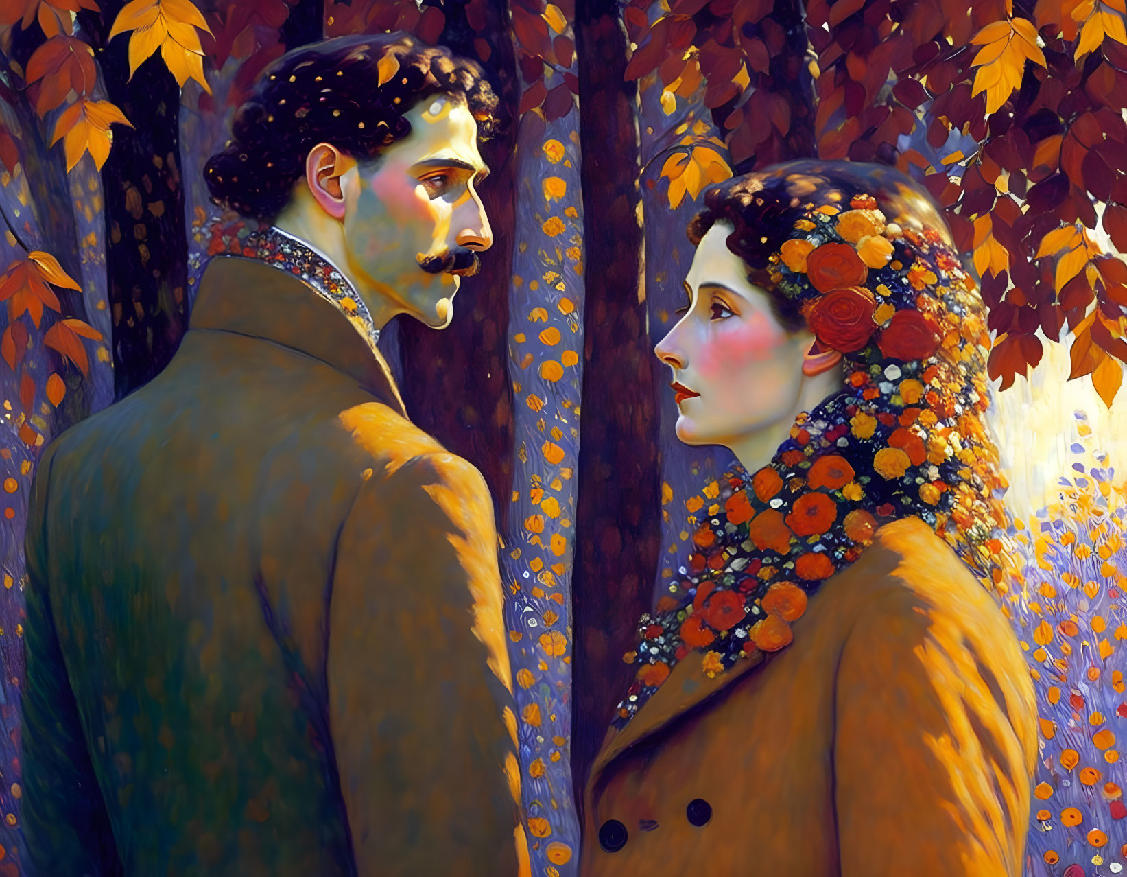 Man and woman in profile surrounded by autumn leaves in romantic art nouveau style