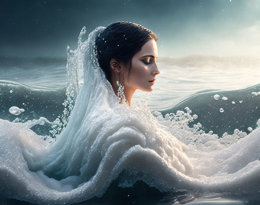 Woman with dark hair in white frothy wave dress by tranquil sea