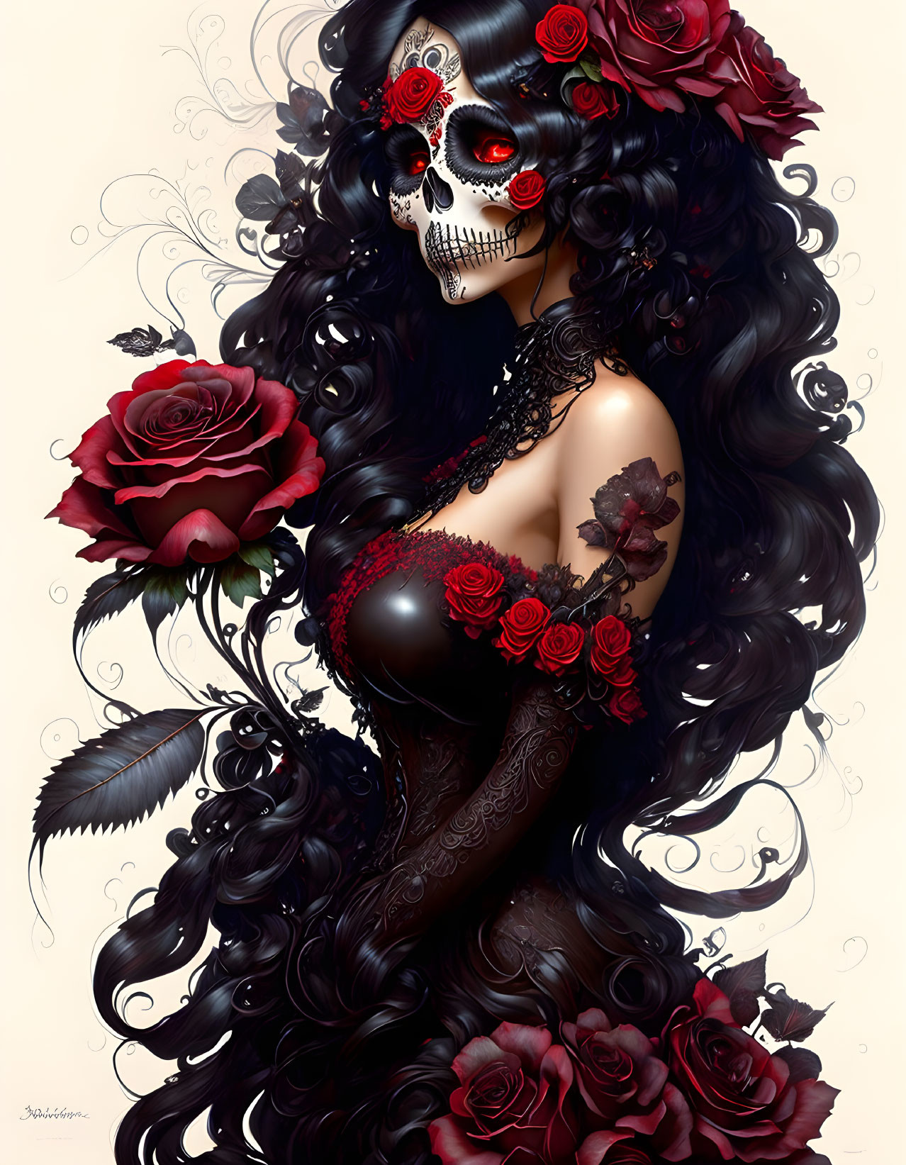 Woman with Skull Face Paint and Roses in Gothic Elegance