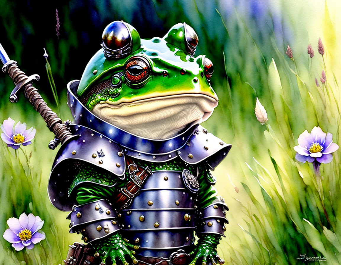 Anthropomorphic frog in medieval armor among greenery and flowers