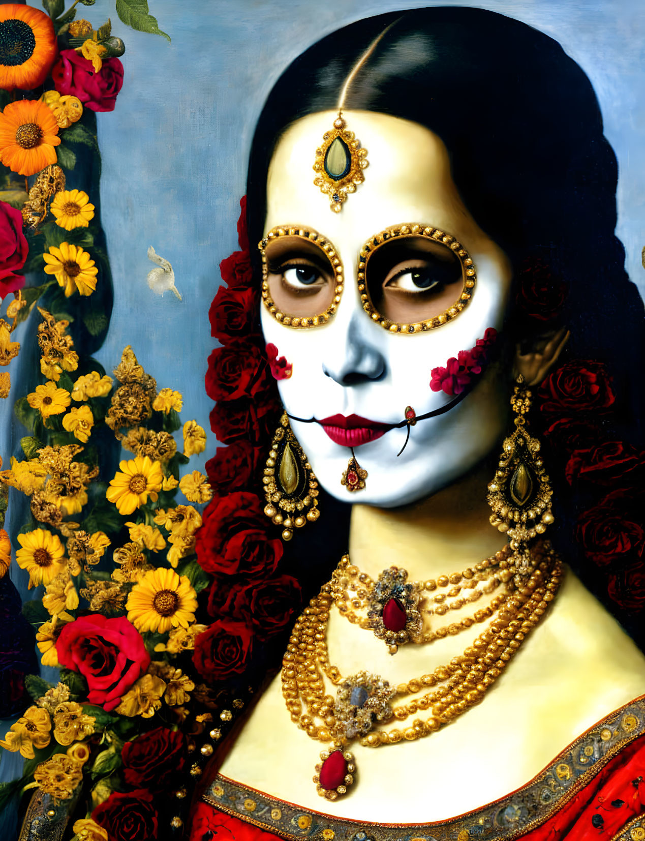 Portrait of a woman with half skull face paint and traditional jewelry against floral background