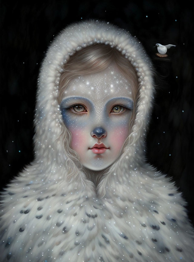 Child portrait with pale skin, blue eyes, in fur cloak against dark background