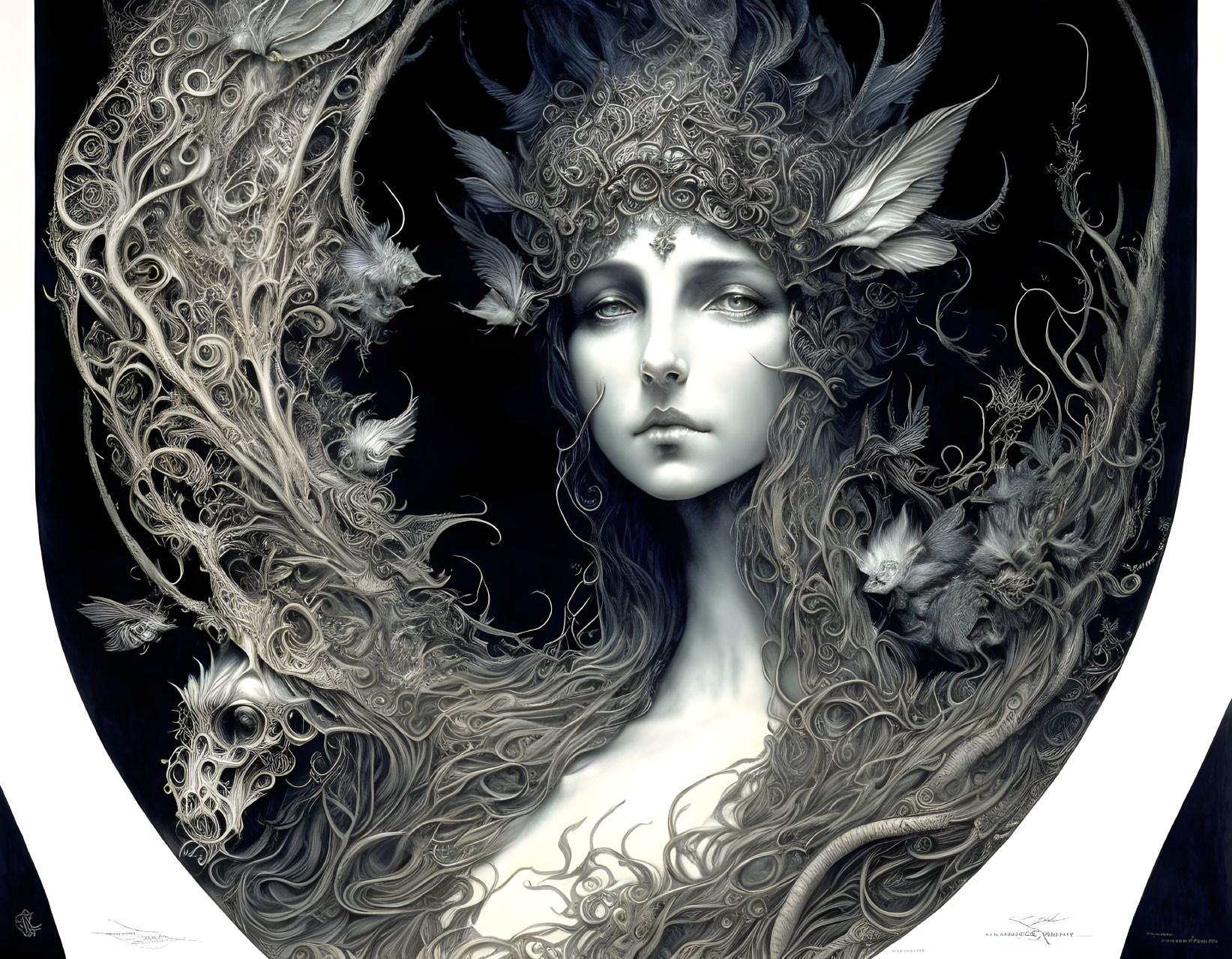 Ethereal figure with ornate headdress and intricate patterns on dark background