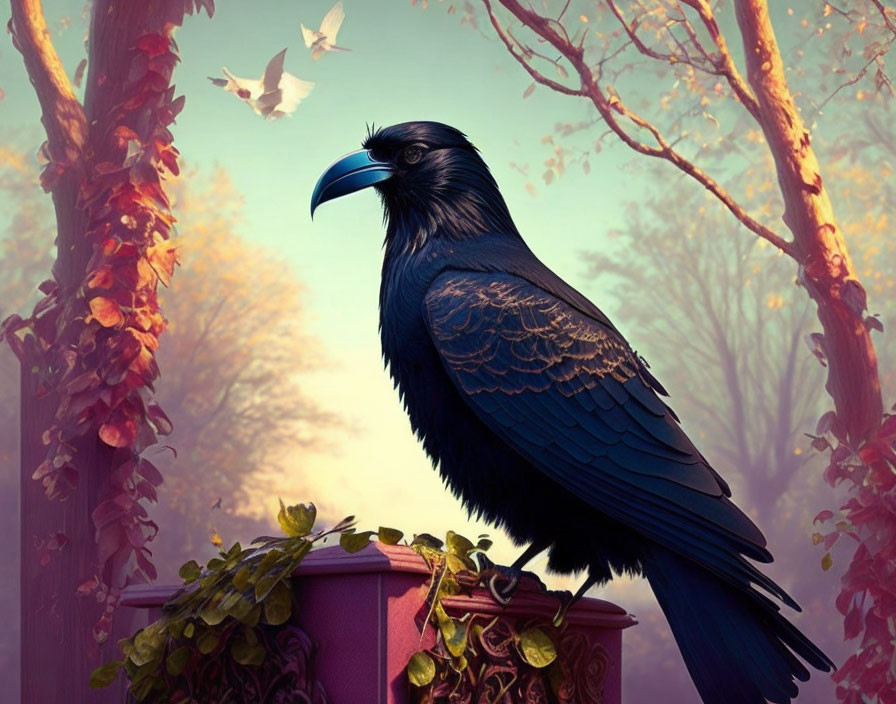 Majestic raven on decorative structure in autumn forest with warm light