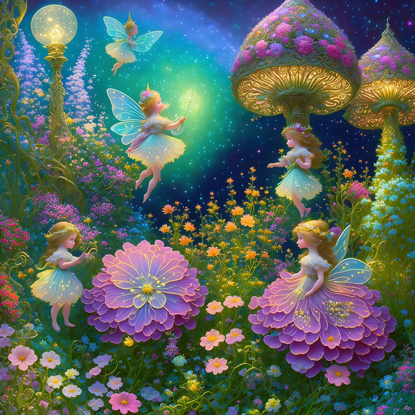 Mystical fairies among vibrant flowers and oversized mushrooms