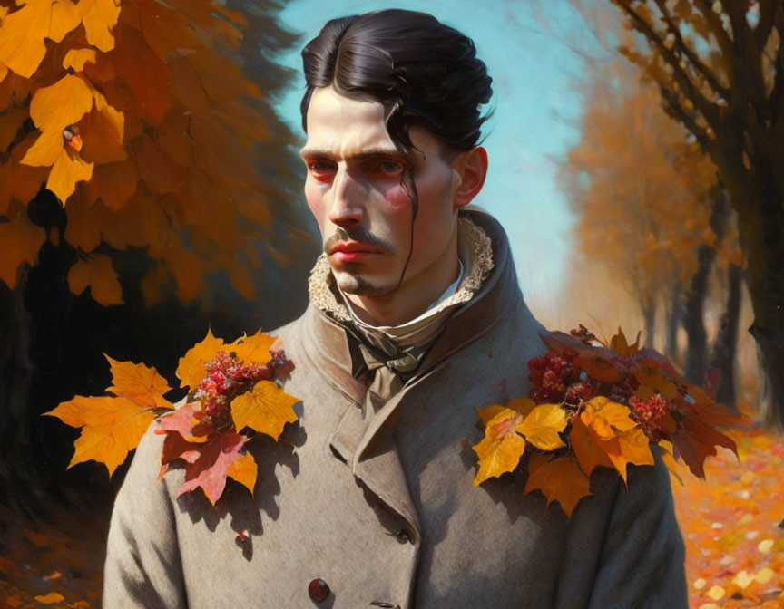 Portrait of man with solemn expression, adorned with autumn leaves, against fall foliage backdrop