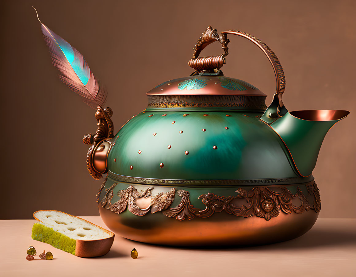 Vintage-style Teapot with Copper Details and Peacock Feather on Warm Background