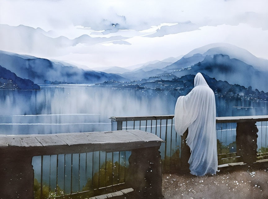 Person in White Cloak Stands by Foggy Lakeside