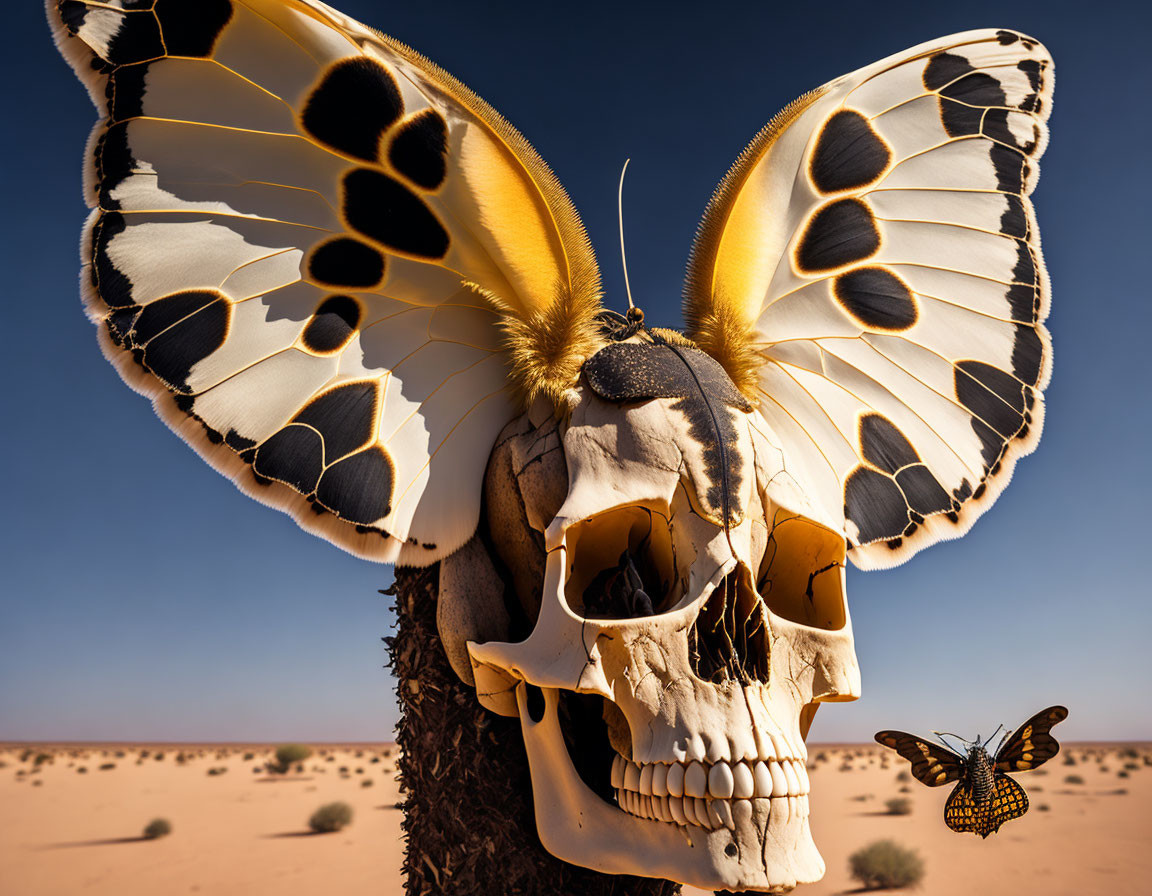 Black and white butterfly on animal skull in desert landscape