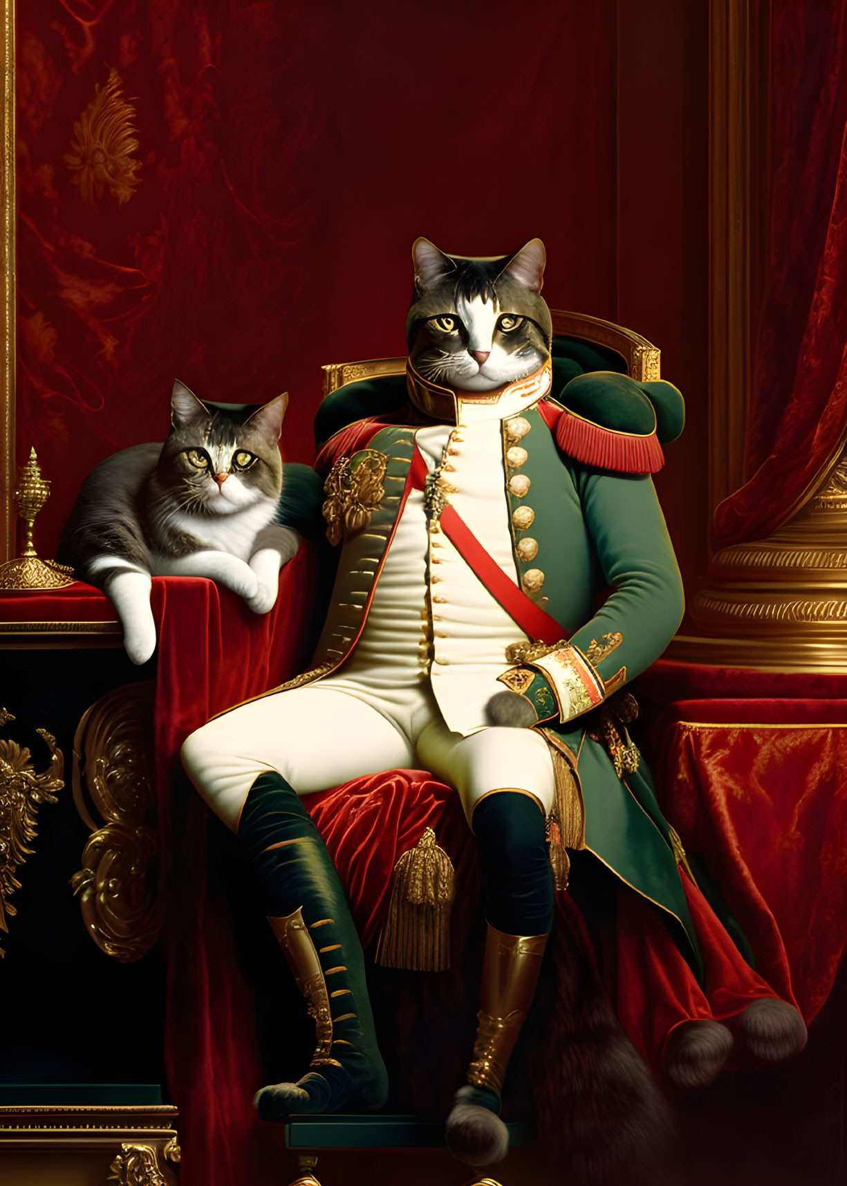 Digitally altered image of two cats with human bodies in military attire against a regal red backdrop