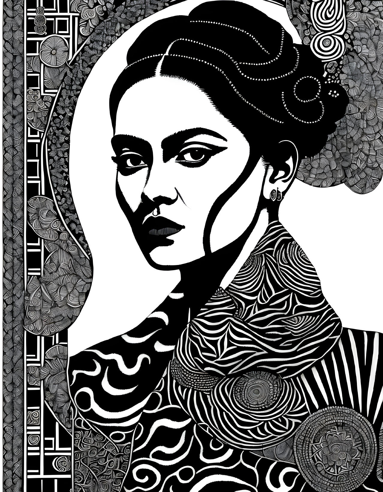 Monochrome artwork featuring woman with detailed clothing and ornate background