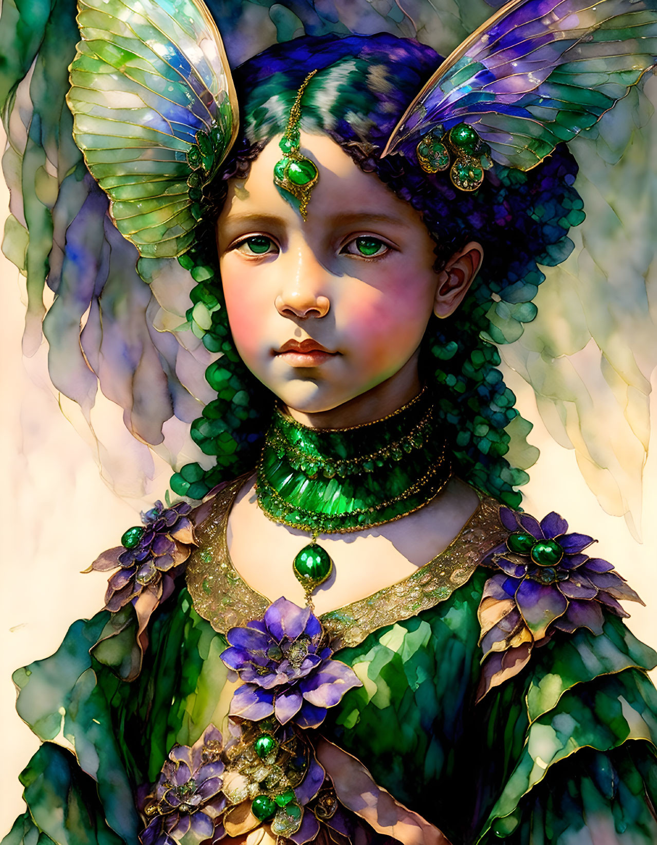 Child Portrait in Green and Purple Fairy Costume with Elaborate Wings and Accessories