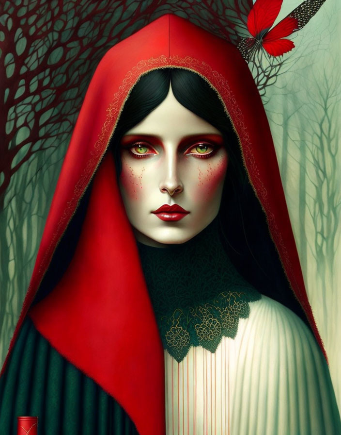 Stylized red-eyed woman in red hood with freckles and lace dress, accompanied by red