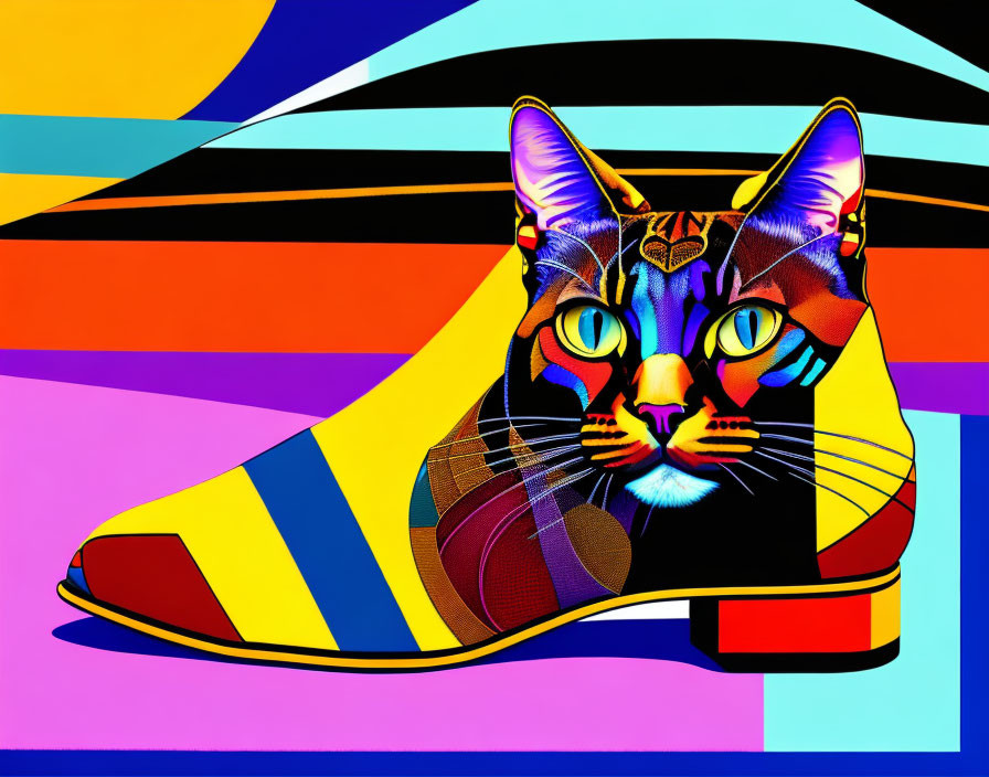 Vibrant digital art: Cat face on stylish shoe with abstract background