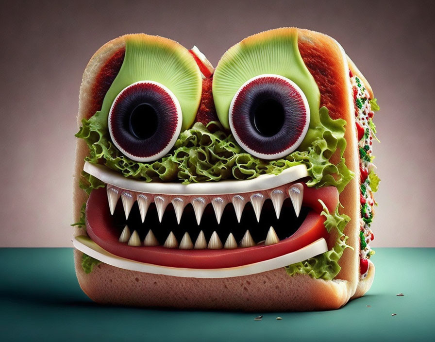 Whimsical burger with googly eyes, sharp teeth, lettuce, tomatoes, sesame seed bun