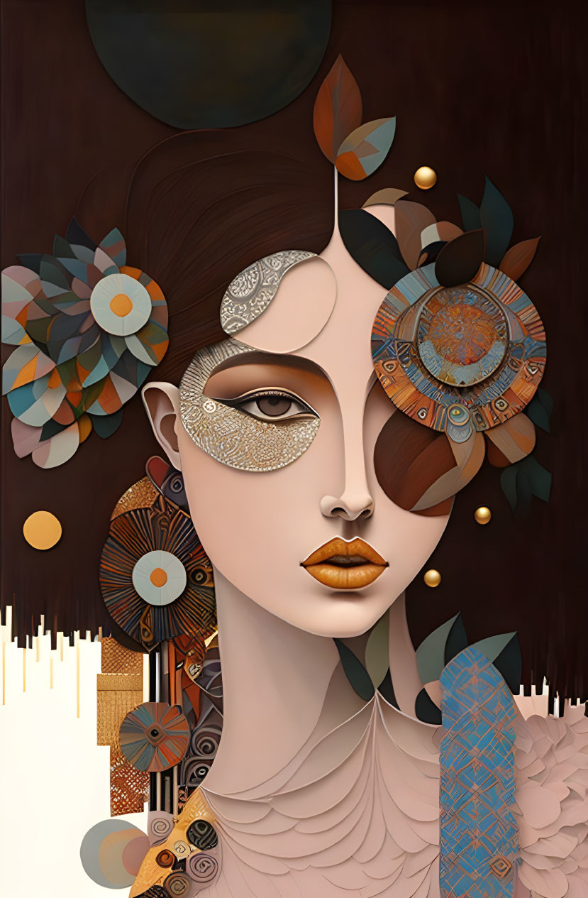 Digital portrait of woman with asymmetrical design, blending mechanical and organic elements in brown, gold, and