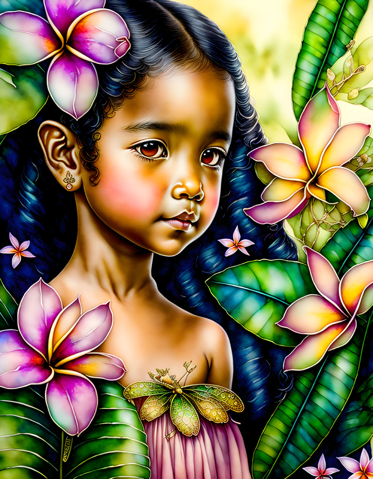 Young girl with expressive eyes among colorful plumeria flowers and a butterfly.