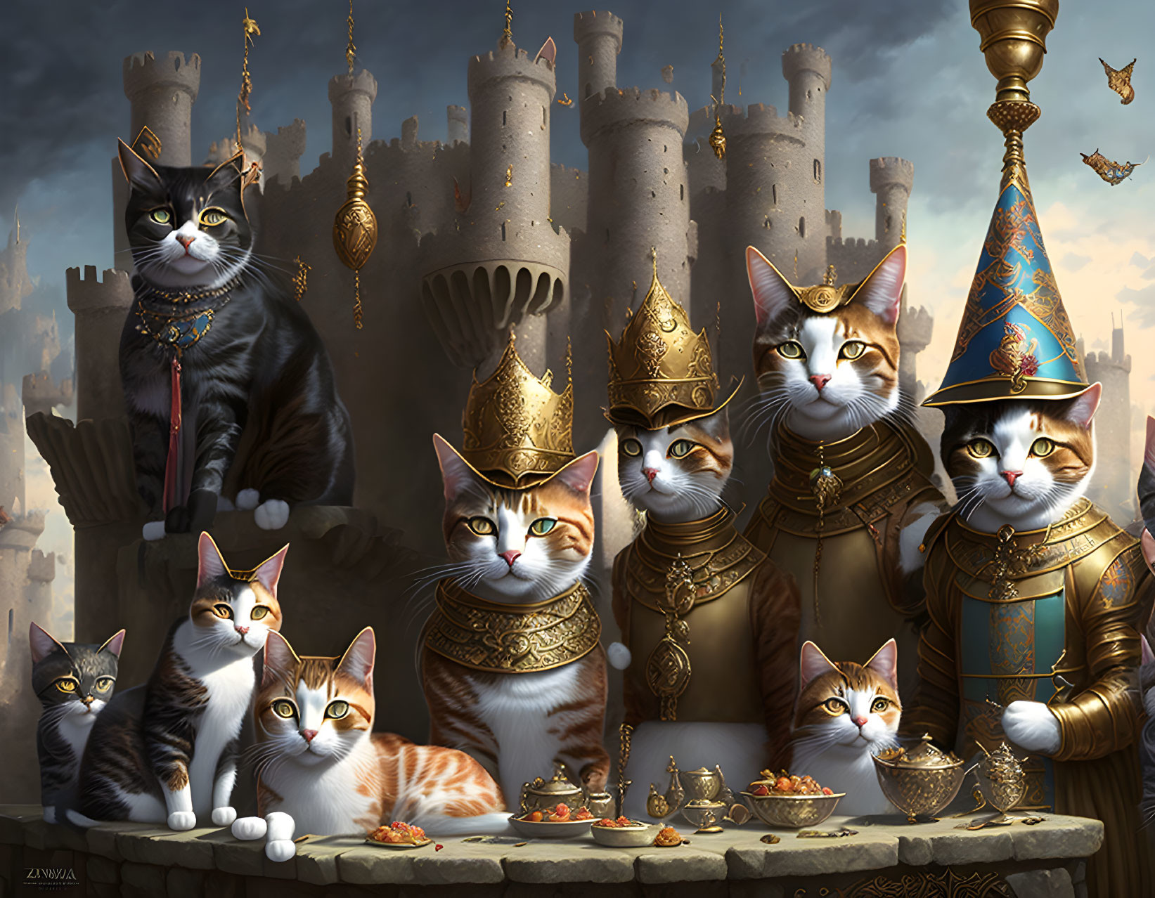 Royal Cats in Medieval Attire with Castle Backdrop