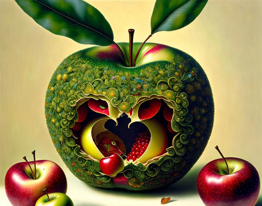 Detailed illustration of large apple with face-like hollow, smaller apple, snake, three apples, and butterfly