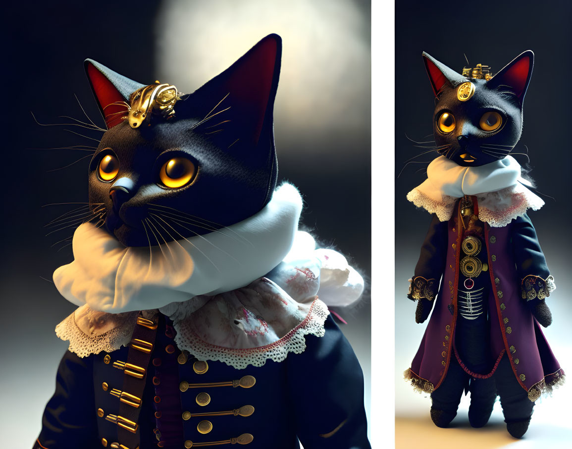 Anthropomorphic black cat in historical attire with ruffled collar and tricorn hat