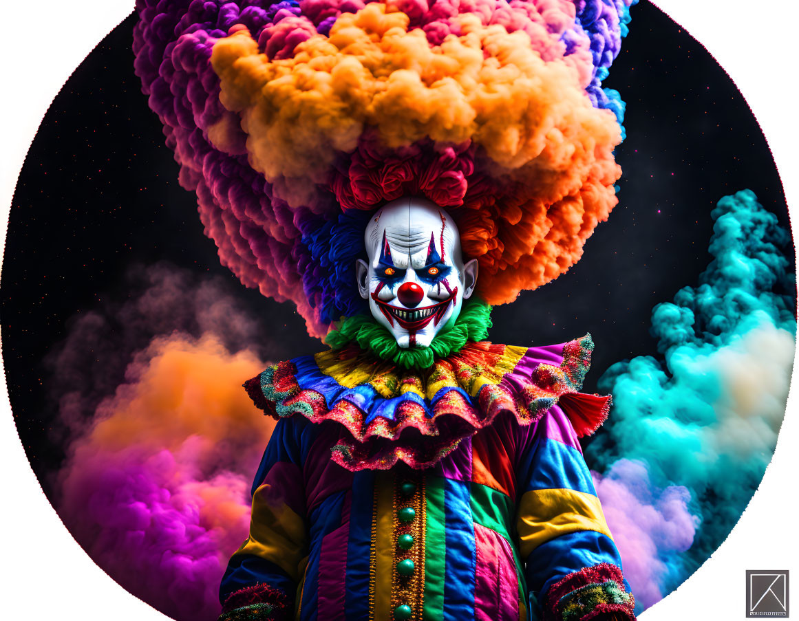 Colorful Sinister Clown with Explosive Smoke Headdress