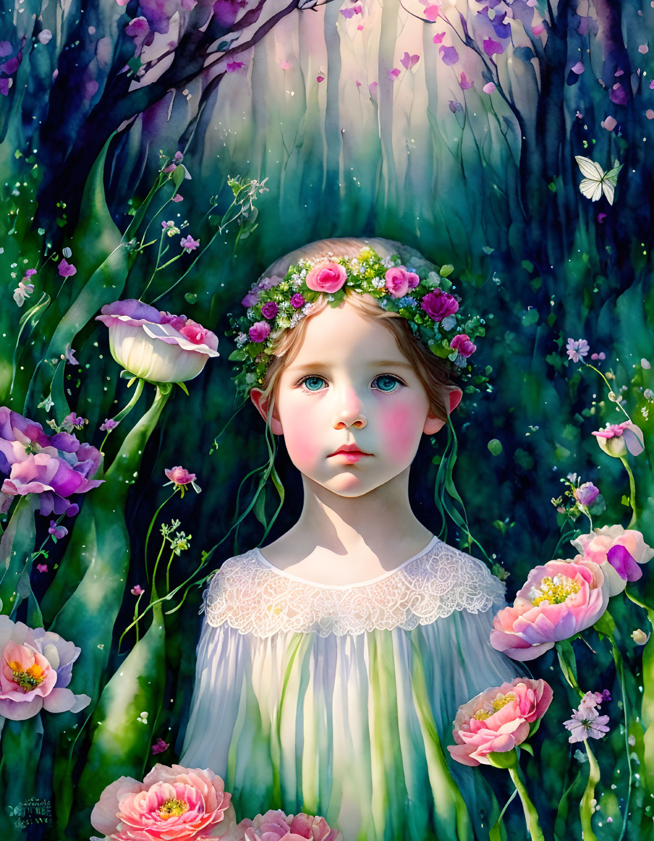 Young girl in floral crown surrounded by blooming forest scene