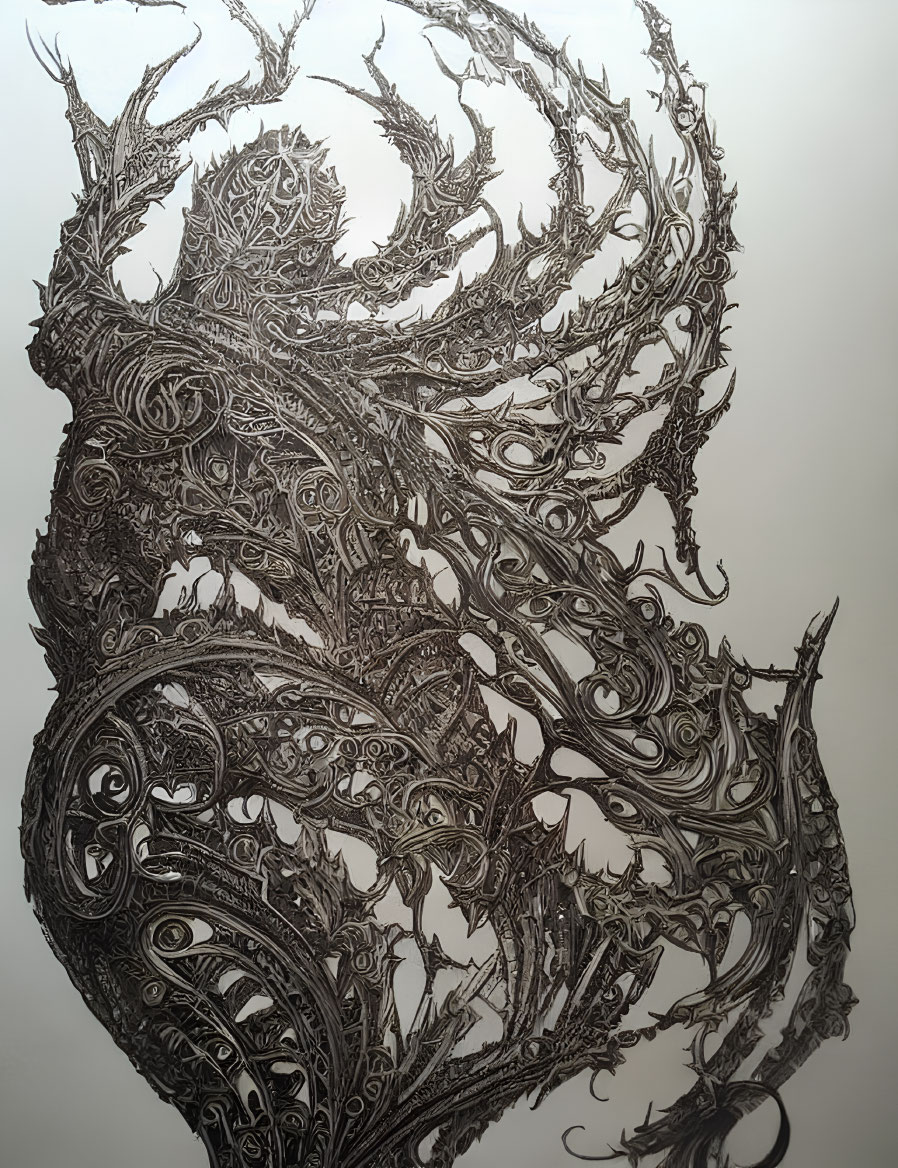 Detailed black ink drawing of abstract, organic creature forms