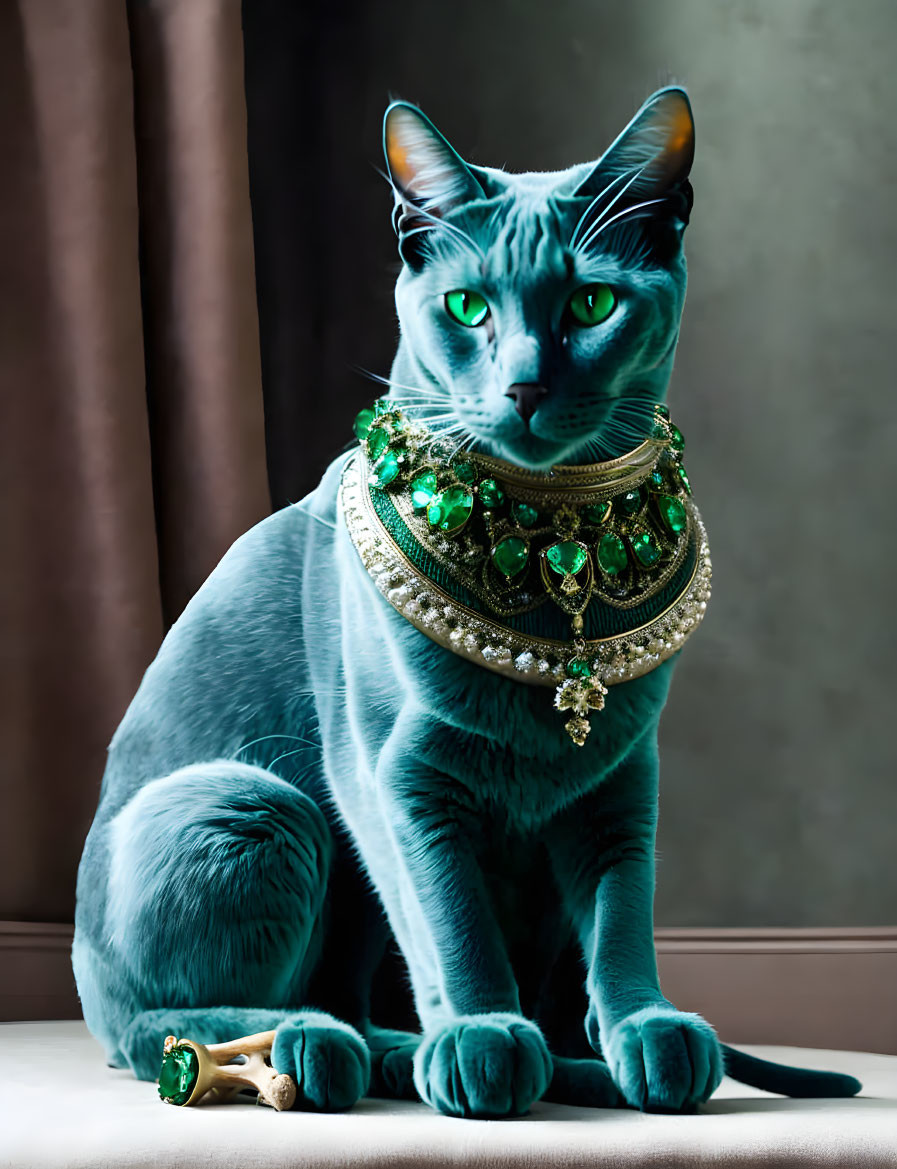 Blue cat with green gemstone necklace on draped backdrop