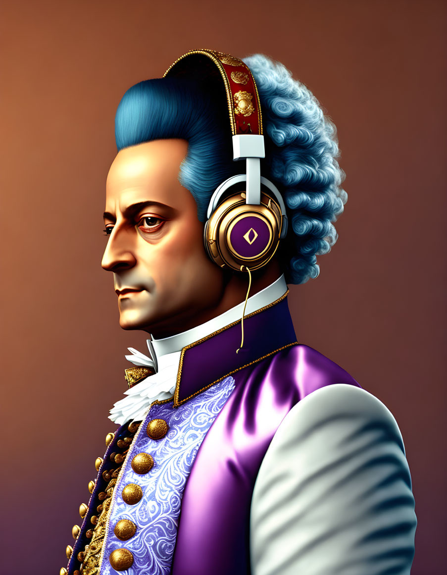 Mozart illustration: classical attire meets modern headphones