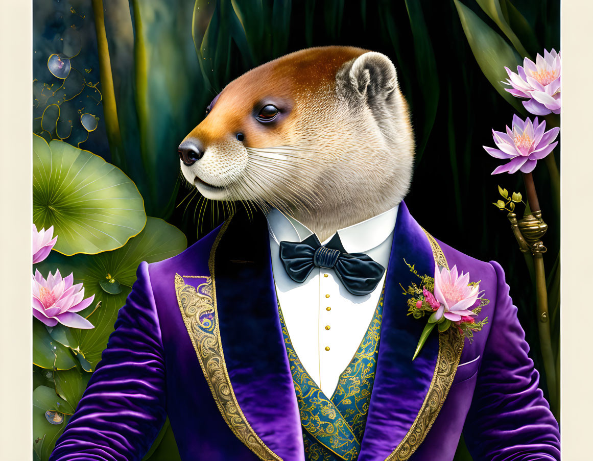 Anthropomorphic otter in purple suit among water lilies