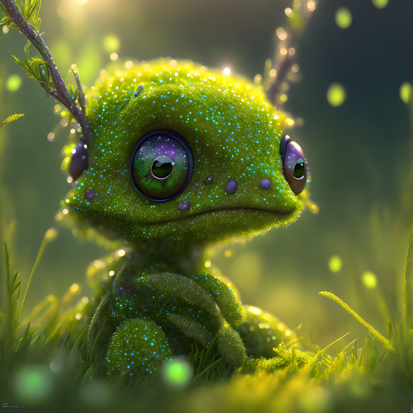 Green dew-covered creature with expressive eyes in glowing grass