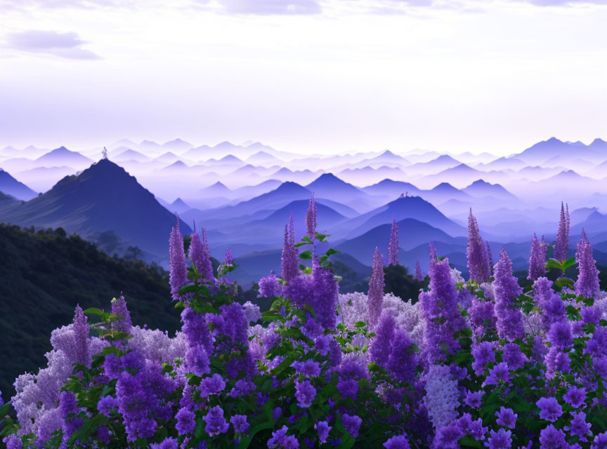 Purple Flowers with Mountain Ridges and Hazy Sky at Dusk