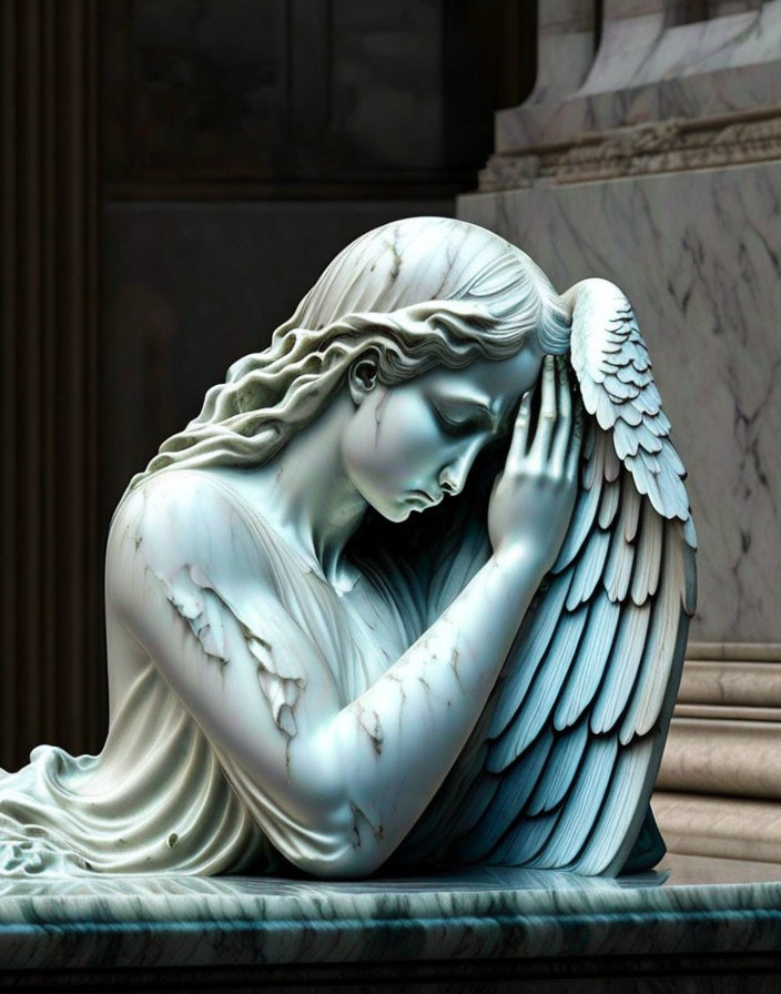 Detailed sculpture of an angel with bowed head and feathered wings