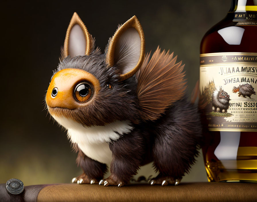 Plush Toy-Like Creature with Large Eyes, Bushy Fur, Ears beside Bottle & Coin