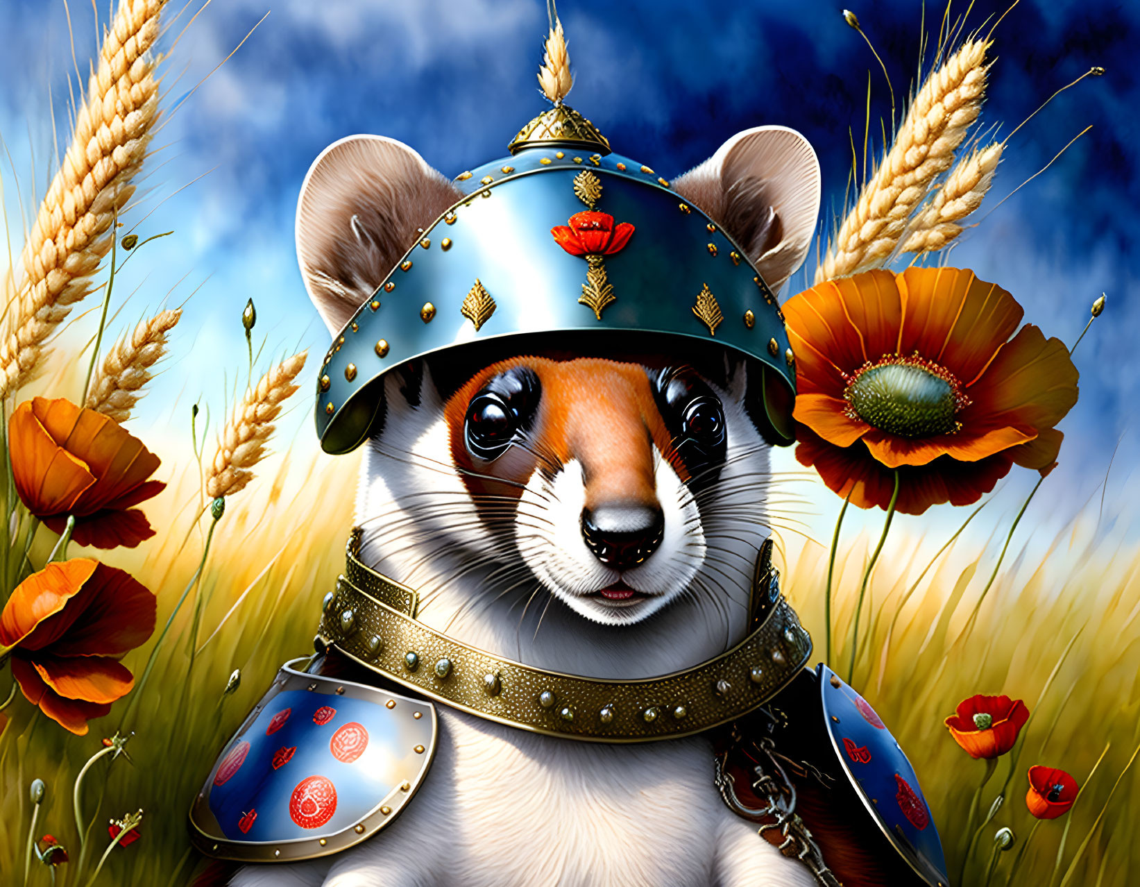 Anthropomorphized meerkat in medieval armor amidst wheat and poppies